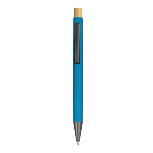 Stylo à bouton pression en métal caoutchouté avec détails brunis et bouton en bambou - 1