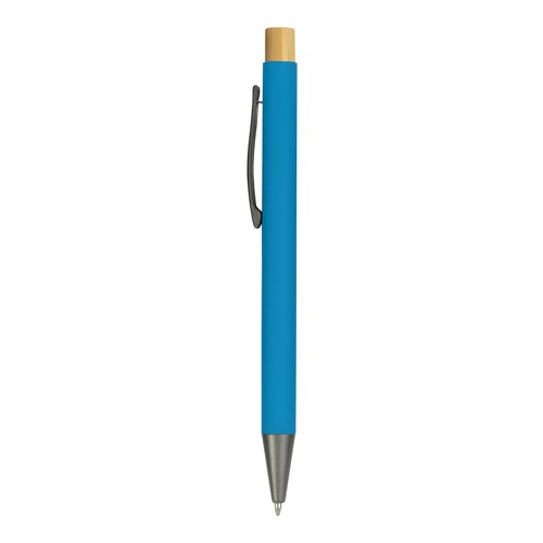 Stylo à bouton pression en métal caoutchouté avec détails brunis et bouton en bambou - 2