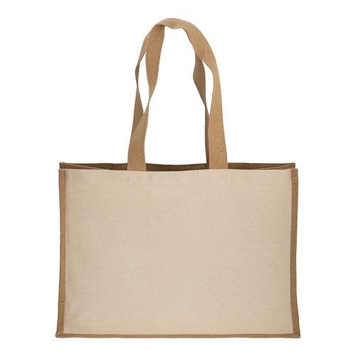 Tote-bag avec soufflet en coton 280 g/m2, détails en toile de jute, anses longues - 2