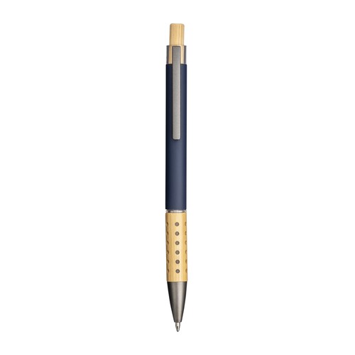 Rubberized recycled aluminum snap pen. Burnished details , bamboo button and grip