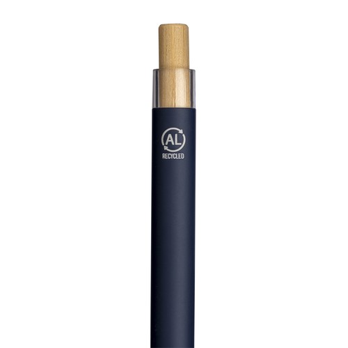 Rubberized recycled aluminum snap pen. Burnished details , bamboo button and grip Rubberized recycled aluminum snap pen. Burnished details , bamboo button and grip