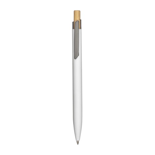 Stylo à bille en aluminium recyclé caoutchouté personnalisé. Détails brunis, bouton en bambou