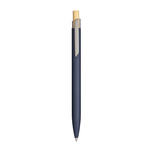 Rubberized recycled aluminum snap pen. Burnished details , bamboo button