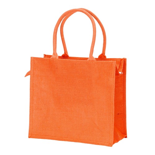 Jute bag with cotton handles. Features zipper closure