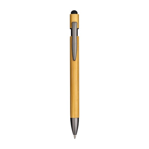 Stylo à clic en bambou et métal personnalisé. Détails brunis et gomme pour écran tactile