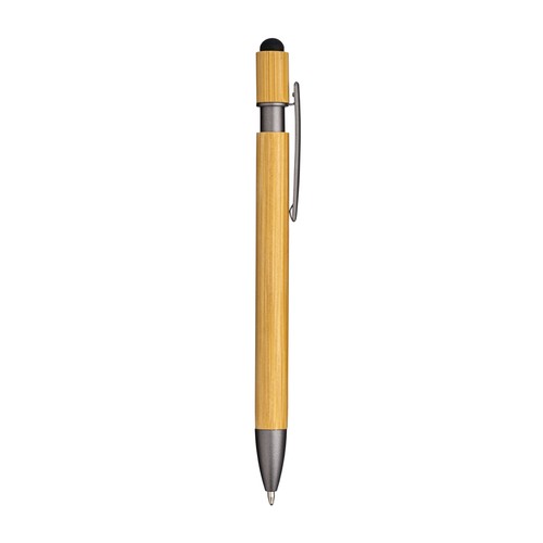 Stylo à clic en bambou et métal. Détails brunis et gomme pour écran tactile - 2