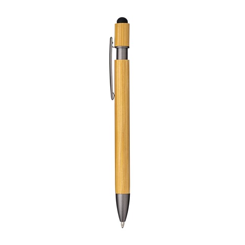 Stylo à clic en bambou et métal. Détails brunis et gomme pour écran tactile - 2