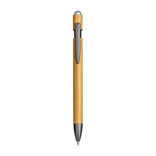 Bamboo and metal click pen. Burnished details and touch screen grommet