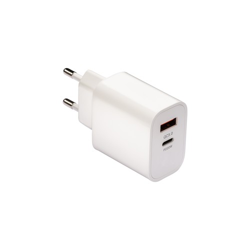 Chargeur mural USB en ABS personnalisé avec port USB-A et port USB-C. Avec prise européenne à 2 broches