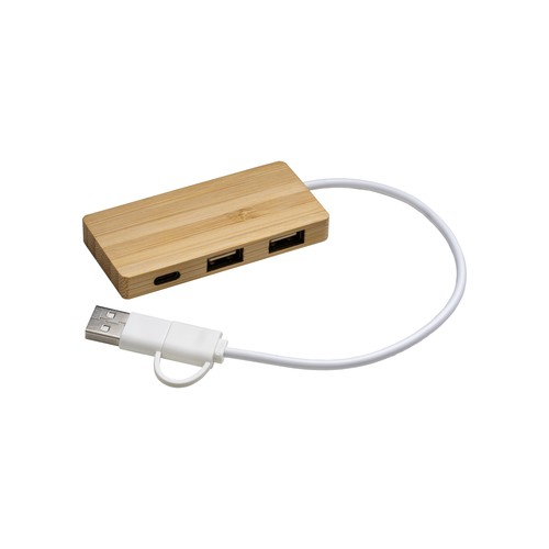 Hub USB en bambou personnalisé avec 2 ports USB A et 1 port de type C, câble USB A et USB C intégré