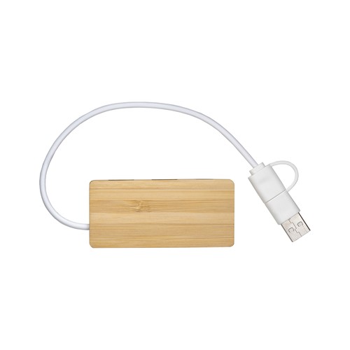 Hub USB en bambou avec 2 ports USB A et 1 port de type C, câble USB A et USB C intégré - 2