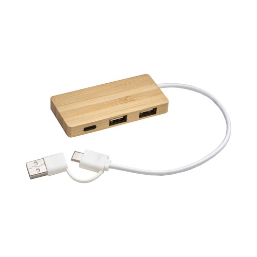 Hub USB en bambou avec 2 ports USB A et 1 port de type C, câble USB A et USB C intégré - 3