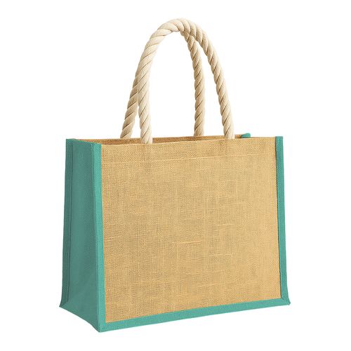 Sac en jute avec longues anses en corde et inserts colores. Avec soufflet - 1