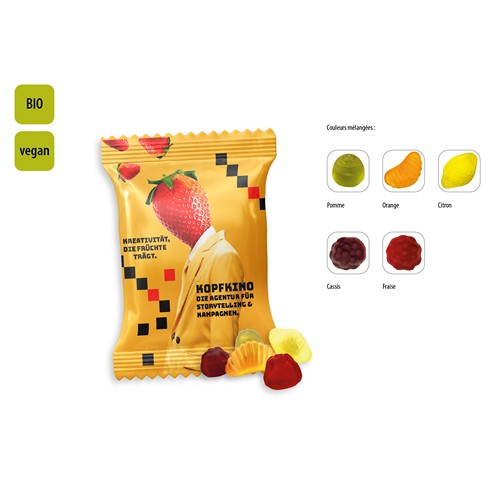 BIO Mini Fruits vegan en sachet promo, BIO Mini Fruits vegan, GOODIES MEDIA, Sweetware, fournisseur d'objet publicitaire, fournisseurs de stylo publicitaire, cadeau d'entreprise