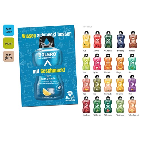 BOLERO Drinks Carte publicitaire, BOLERO Poudre pour boisson sans sucre, GOODIES MEDIA, Bolero, fournisseur d'objet publicitaire, fournisseurs de stylo publicitaire, cadeau d'entreprise