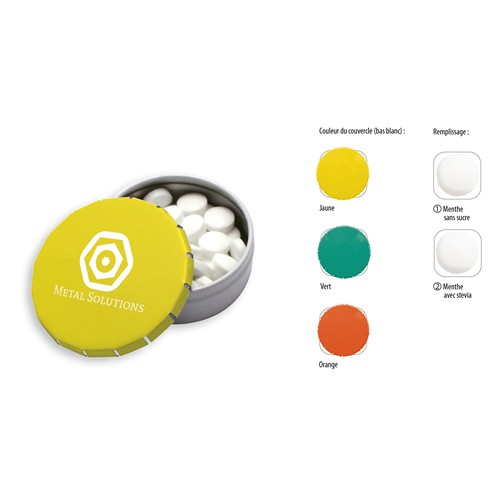 Boîte Klick Ø 45mm Duo Color, Pastilles à la menthe; Sans sucre, GOODIES MEDIA, Sweetware, fournisseur d'objet publicitaire, fournisseurs de stylo publicitaire, cadeau d'entreprise