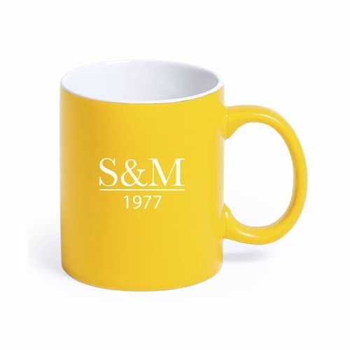 Colored ceramic mug with white interior. Yellow color . Laser. 350ml