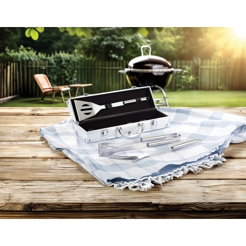 plateado Set Barbacoa 3 piezas en caja de aluminio