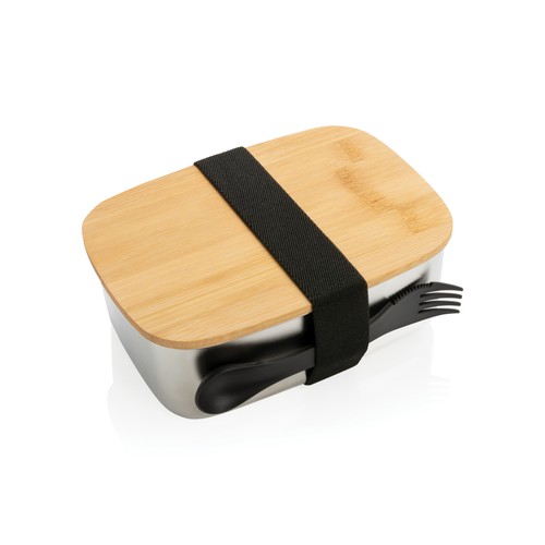 Stainless steel lunchbox with bamboo lid and spork Stainless steel lunchbox with bamboo lid and spork
