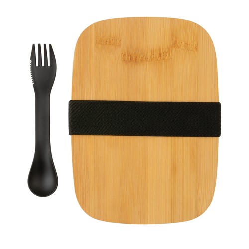 plateado Fiambrera de acero inoxidable con tapa de bambú y cubiertos