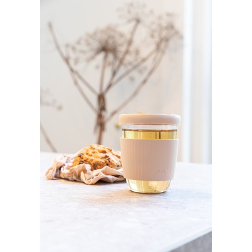 marrón Vaso de borosilicato Ukiyo con tapa y funda de silicona