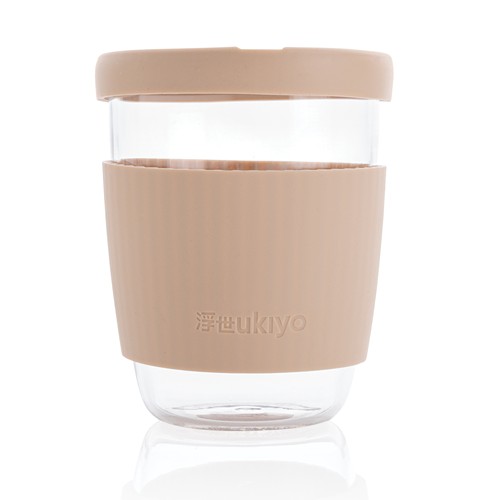 marrón Vaso de borosilicato Ukiyo con tapa y funda de silicona