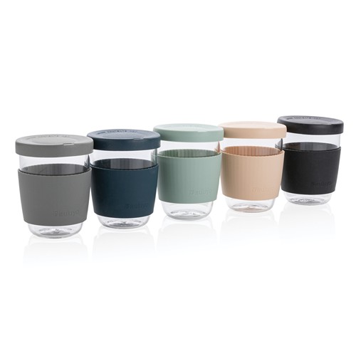 marrón Vaso de borosilicato Ukiyo con tapa y funda de silicona