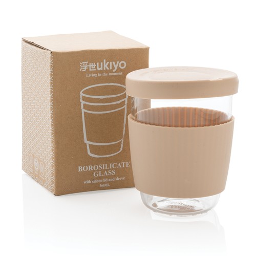 marrón Vaso de borosilicato Ukiyo con tapa y funda de silicona
