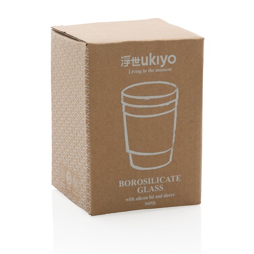 marrón Vaso de borosilicato Ukiyo con tapa y funda de silicona