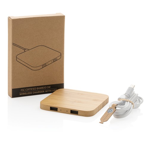 Chargeur sans fil 5W et USB en bambou thumbnail 4
