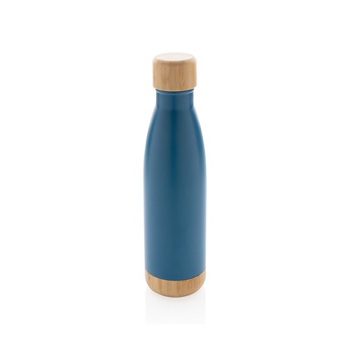 blue Botella acero inoxidable al vacío con tapa y fondo de bambú