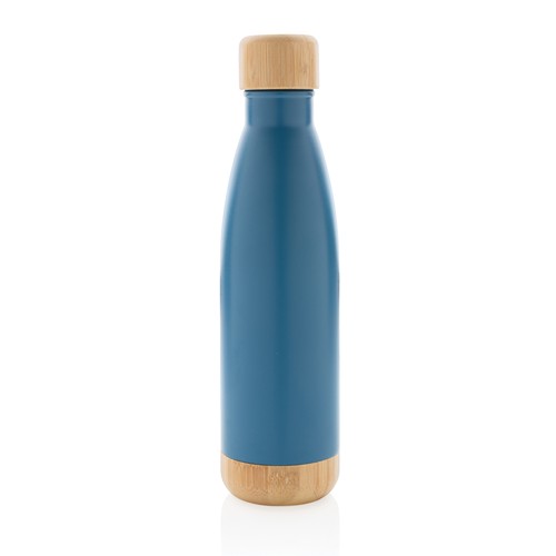 blue Botella acero inoxidable al vacío con tapa y fondo de bambú
