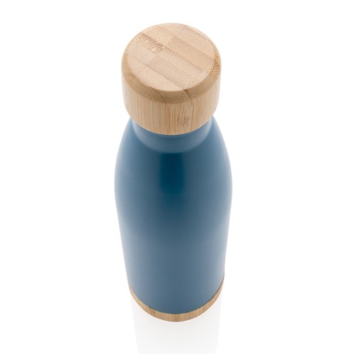 blue Botella acero inoxidable al vacío con tapa y fondo de bambú