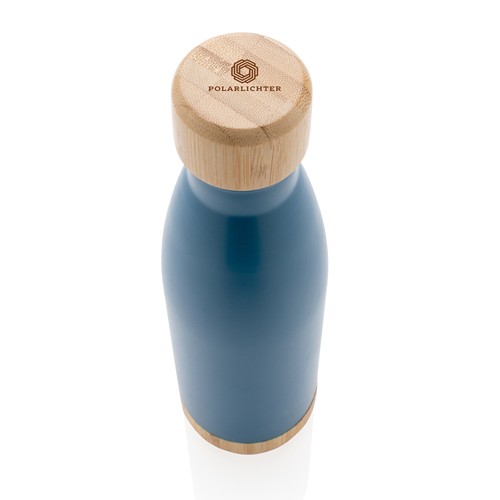 blue Botella acero inoxidable al vacío con tapa y fondo de bambú