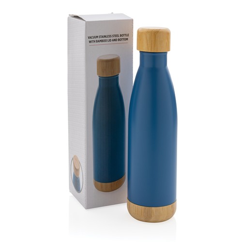 blue Botella acero inoxidable al vacío con tapa y fondo de bambú