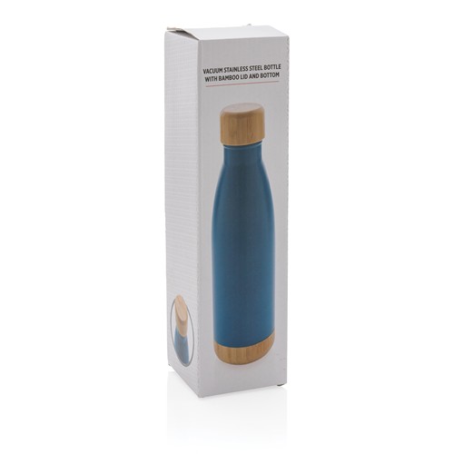blue Botella acero inoxidable al vacío con tapa y fondo de bambú