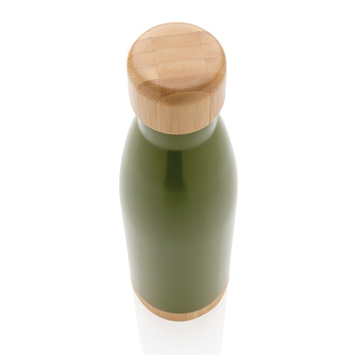 green Botella acero inoxidable al vacío con tapa y fondo de bambú