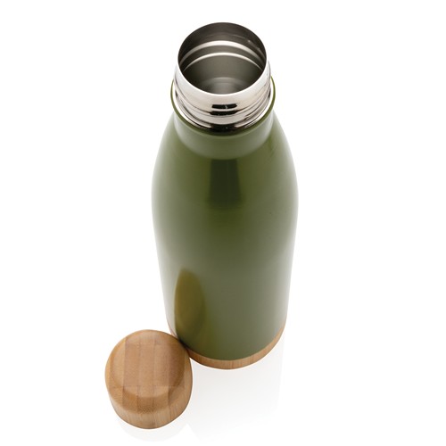 green Botella acero inoxidable al vacío con tapa y fondo de bambú