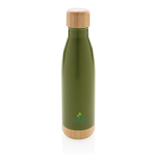green Botella acero inoxidable al vacío con tapa y fondo de bambú