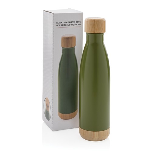 green Botella acero inoxidable al vacío con tapa y fondo de bambú