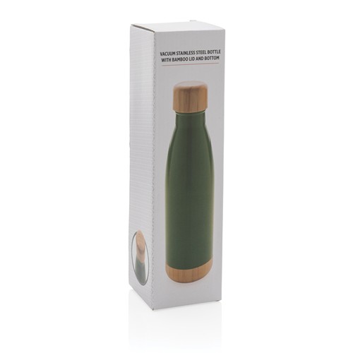 green Botella acero inoxidable al vacío con tapa y fondo de bambú