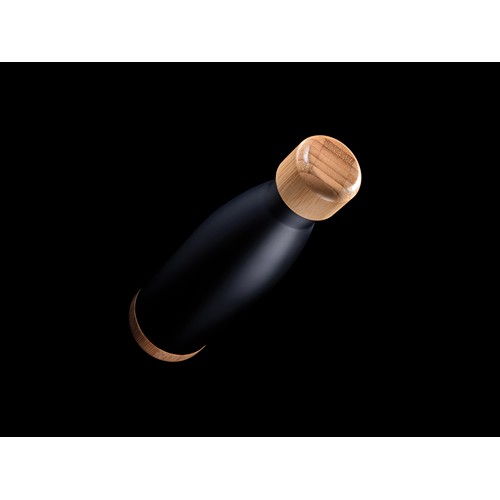 black Botella acero inoxidable al vacío con tapa y fondo de bambú