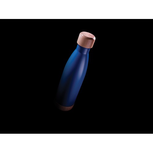 blue Botella acero inoxidable al vacío con tapa y fondo de bambú