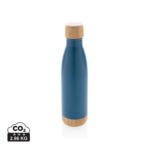 blue Botella acero inoxidable al vacío con tapa y fondo de bambú