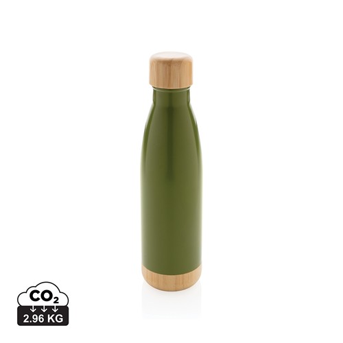 green Botella acero inoxidable al vacío con tapa y fondo de bambú