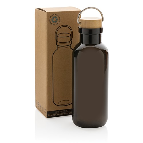 black Botella RCS RPET con tapa y asa de bambú