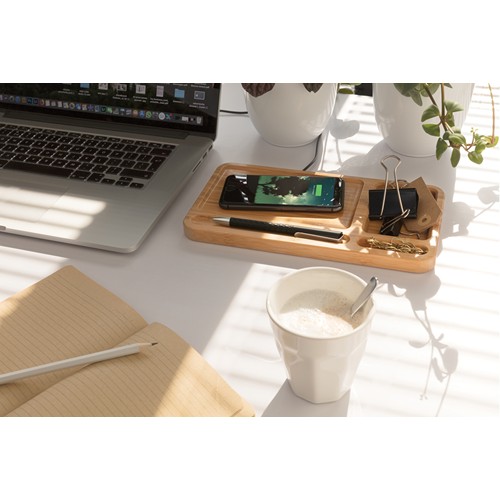 Organiseur de bureau en bambou avec chargeur 10W - 5