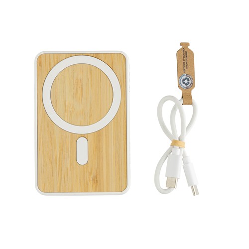white Powerbank magnético bambú Zen RCS de RPET 5.000 mAh