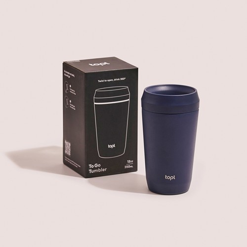 azul marino Taza Topl To Go de acero reciclado con tapa patentada 360