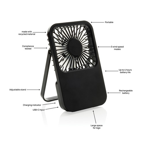 black Ventilador escritorio recargable plástico reciclado Aervina